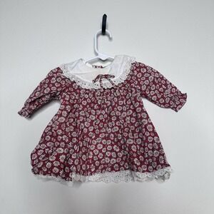 Vintage Alexis Baby Girl 3 Months Red Floral Dress With Lace Long Sleeve
